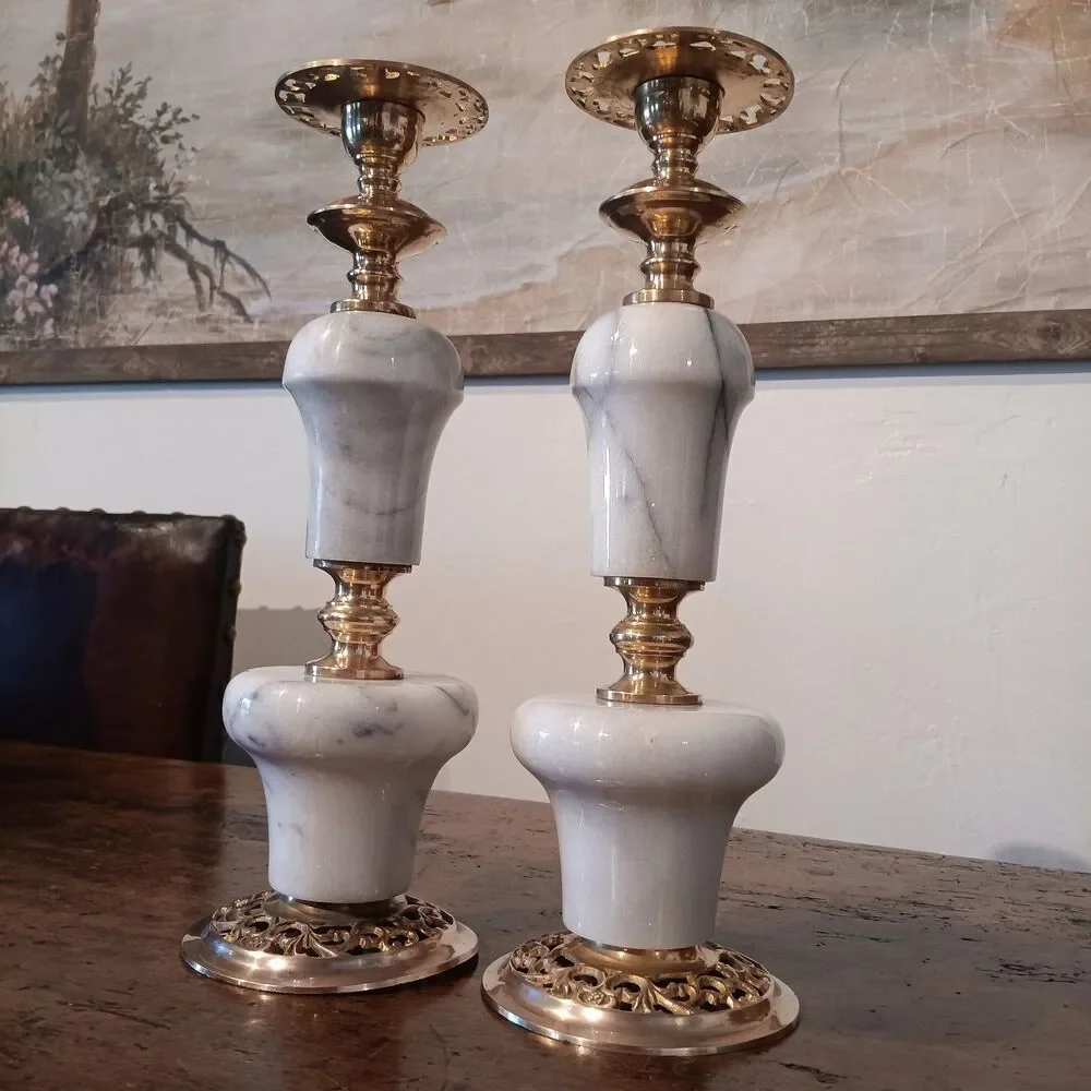 VTG 50-60's Marble and Brass Candle Holders Pair 2 MCM Hollywood Regency Italy